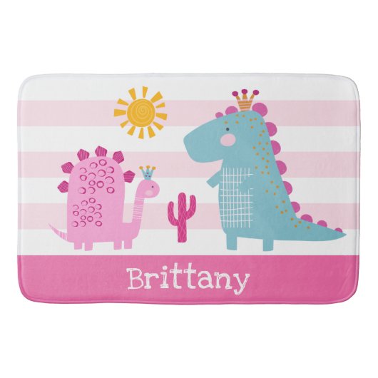 Schattigee Dinosaurussen Meisje Roze Strepen Naam  Badmat (Voorkant)