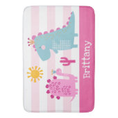 Schattigee Dinosaurussen Meisje Roze Strepen Naam  Badmat (Voorkant Verticaal)