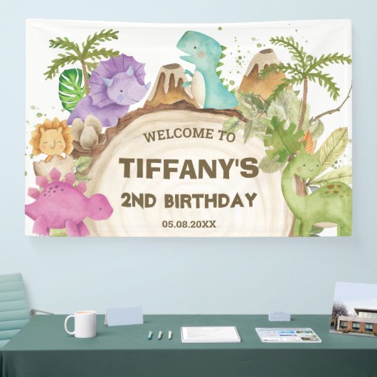 Schattigee Dinosaurussen Meisje Verjaardag Baby sh Spandoek (Beurs)