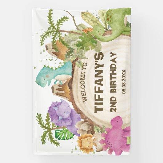 Schattigee Dinosaurussen Meisje Verjaardag Baby sh Spandoek (Verticaal)