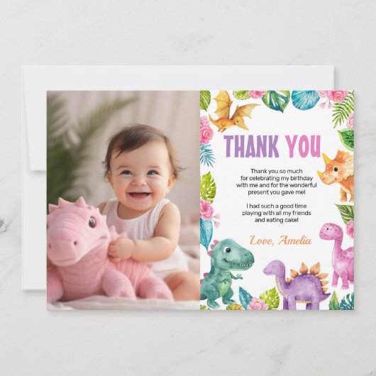 Schattigee Dinosaurussen Meisje Verjaardagsfoto Da Bedankkaart (Voorkant)