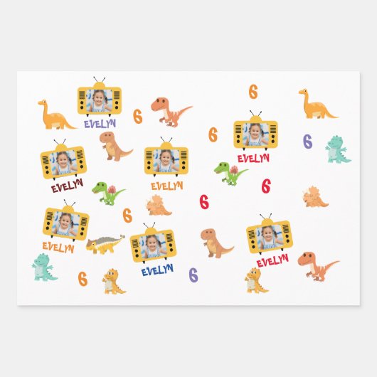 Schattigee dinosaurussen met aangepaste foto, naam inpakpapier vel (Voorkant)