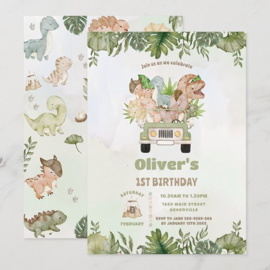 Schattigee Dinosaurussen Safari Auto 1e 2e 3e Verj Kaart (Voorkant / Achterkant)