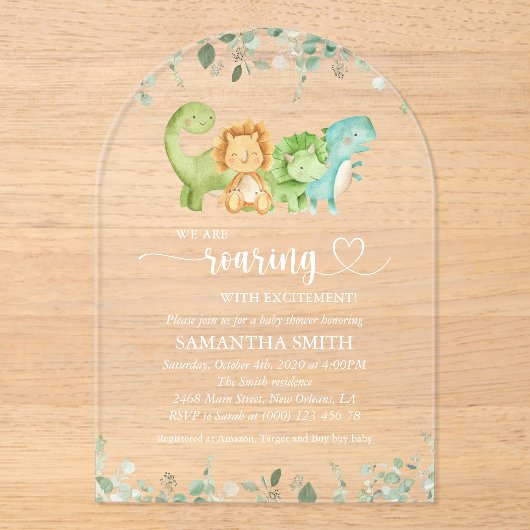 Schattigee dinosaurussen, T-Rex, Jurassic, Baby sh Acryl Uitnodigingen (Voorkant)