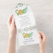 Schattigee dinosaurussen, T-Rex, Jurassic, Baby sh All In One Uitnodiging (Afscheurbaar)