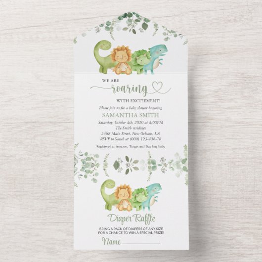 Schattigee dinosaurussen, T-Rex, Jurassic, Baby sh All In One Uitnodiging (Binnen)