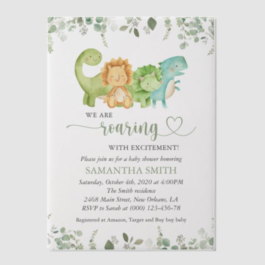 Schattigee dinosaurussen, T-Rex, Jurassic, Baby sh Vellum Uitnodigingen (Voorkant)