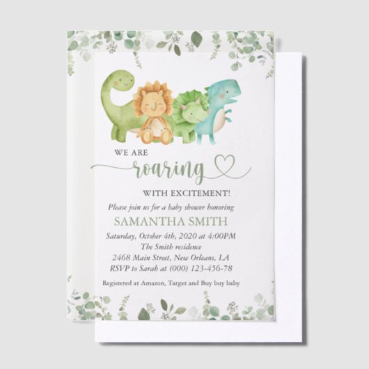 Schattigee dinosaurussen, T-Rex, Jurassic, Baby sh Vellum Uitnodigingen (Offset)