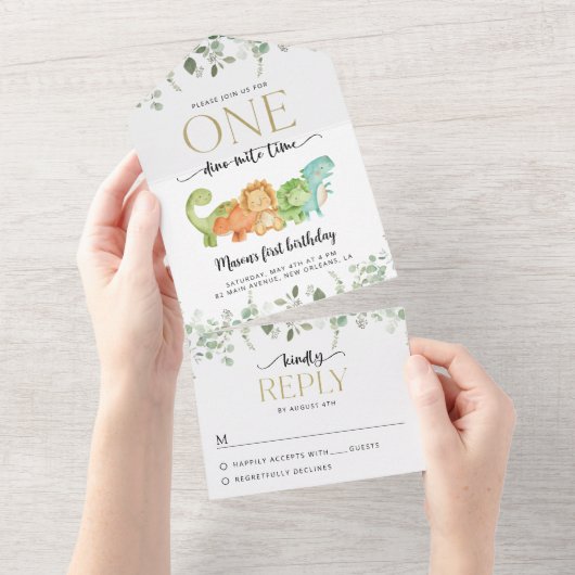 Schattigee dinosaurussen, T-Rex, Jurassic, Eerste  All In One Uitnodiging (Afscheurbaar)