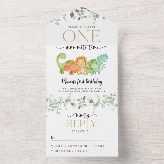 Schattigee dinosaurussen, T-Rex, Jurassic, Eerste All In One Uitnodiging (Binnen)