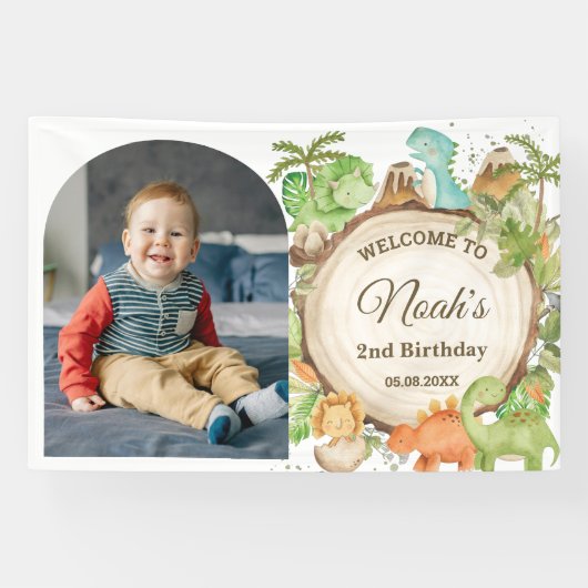 Schattigee Dinosaurussen Verjaardag Welkom Foto Ac Spandoek (Horizontaal)