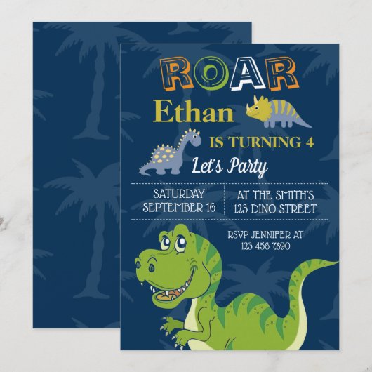 Schattigee Dinosaurussen Verjaardagsfeest Aanpasse Kaart (Voorkant / Achterkant)