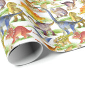 Schattigee Dinosaurussen Waterverf Naadloze Kunst Cadeaupapier (Rol Hoek)