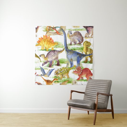 Schattigee Dinosaurussen Waterverf Naadloze Kunst Wandkleed (In situ)