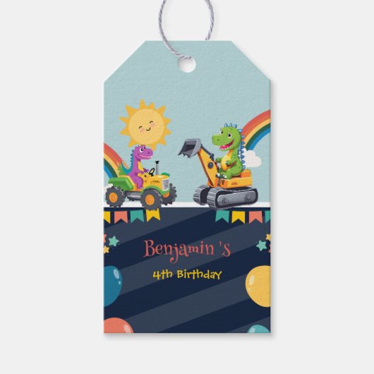 Schattigee dinosaurustractor Truck Regenboogballon Cadeaulabel (Voorkant)