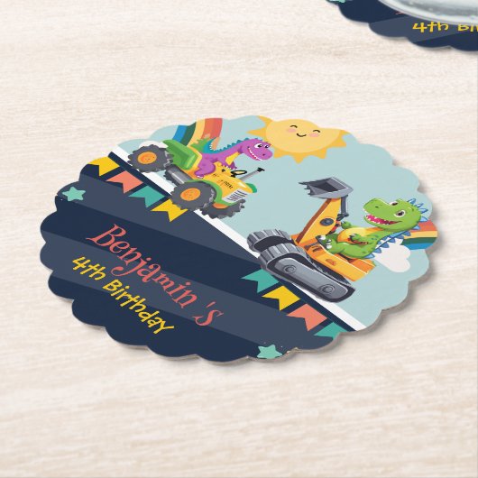 Schattigee dinosaurustractor Truck Regenboogballon Kartonnen Onderzetters (Gekanteld)