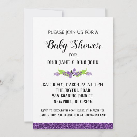 *~* Schattigee Dinosuar Glitter Baby shower Uitnod Kaart (Achterkant)