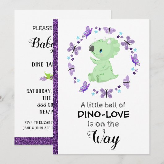 *~* Schattigee Dinosuar Glitter Baby shower Uitnod Kaart (Voorkant / Achterkant)