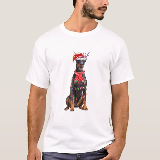 Schattigee Doberman Kerstboom Lights Hondenliefheb T-shirt (Voorkant)