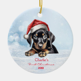 Schattigee Doberman Puppy Dog Santa Hat 1e Kerstmi Keramisch Ornament