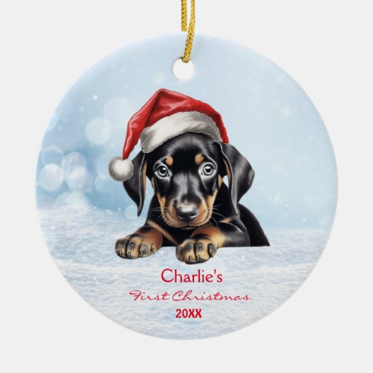 Schattigee Doberman Puppy Dog Santa Hat 1e Kerstmi Keramisch Ornament (Voorkant)