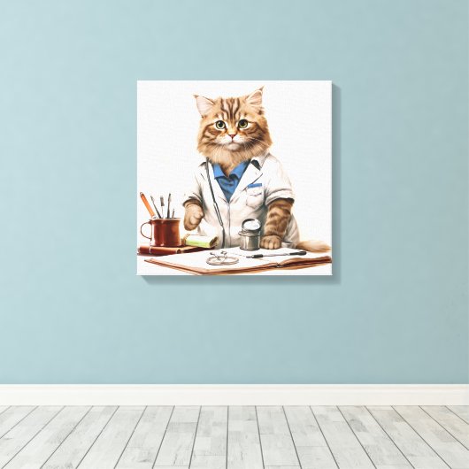 Schattigee Doctor Cat als schilderij Canvas Afdruk (Insitu (Houten vloer))