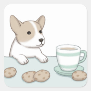 Schattigee Dog, Coffee & Cookies Illustratie Kunst Vierkante Sticker