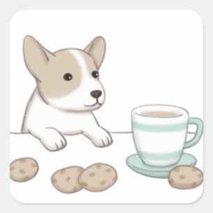 Schattigee Dog, Coffee & Cookies Illustratie Vierkante Sticker