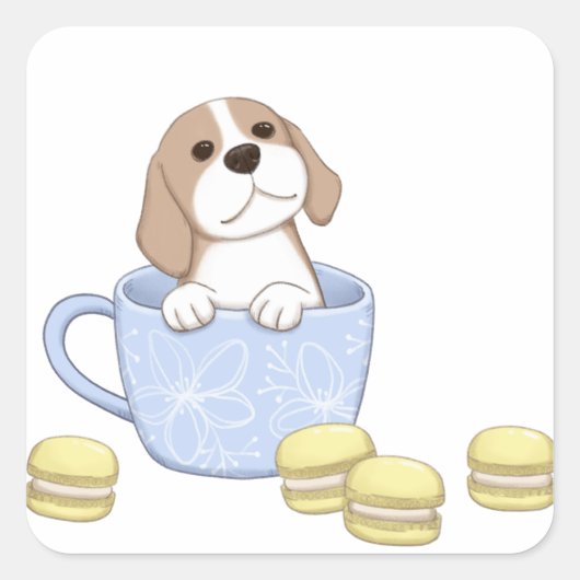 Schattigee Dog, Cup & Macarons Illustratie Vierkante Sticker (Voorkant)