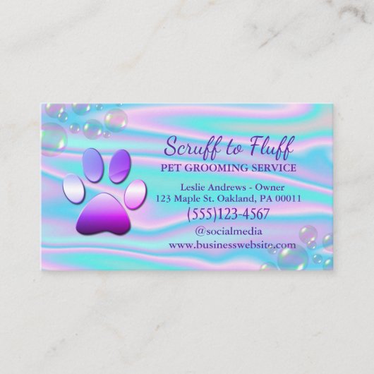 Schattigee Dog Grooming Service Paw Print Holograf Visitekaartje (Voorkant)