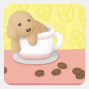 Schattigee Dog & Koffiebonen Illustratie Kunst Vierkante Sticker