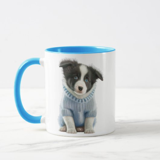 Schattigee Dog Mok met Blue Jacket en Grappig "Zit (Links)