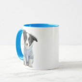Schattigee Dog Mok met Blue Jacket en Grappig "Zit (Voorkant links)