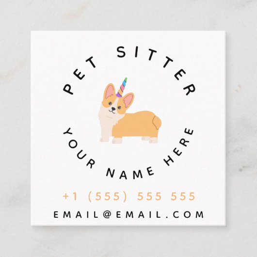 Schattigee Dog Unicorn Pet Sitter Hotel Dierenverz Vierkante Visitekaartje (Voorkant)