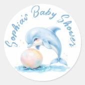Schattigee Dolfijn Dusty Blue Baby shower Favoriet Ronde Sticker (Voorkant)