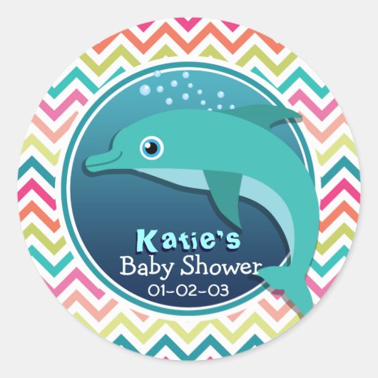 Schattigee Dolfijn; Kleurrijk Chevron Baby shower Ronde Sticker (Voorkant)