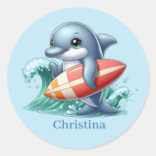 Schattigee dolfijn Naam toevoegen Surfen Ronde Sticker