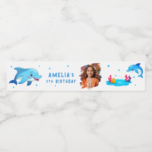 Schattigee Dolfijn Zee Dieren Foto Verjaardagsfees Waterfles Etiket (Enkel label)