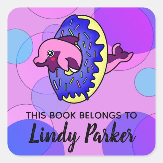 Schattigee Dolfijndonut in Pastel Kleuren Bookplat Vierkante Sticker (Voorkant)