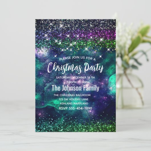 Schattigee donkergroene paarse faux glitter kerst kaart (Staand voorkant)