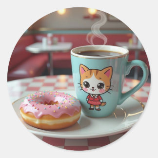 Schattigee donut en koffie bij Retro Diner Ronde Sticker