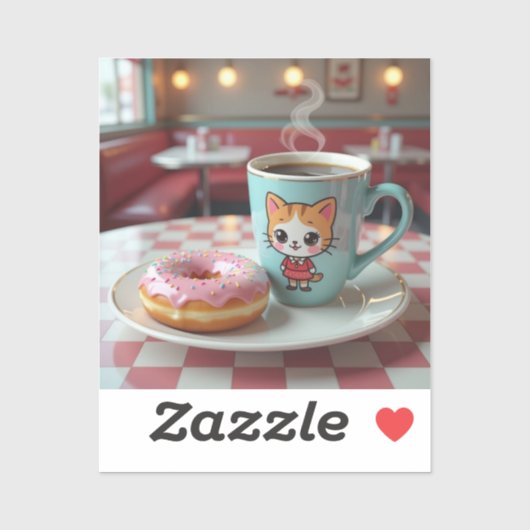 Schattigee donut en koffie bij Retro Diner Sticker (Vel)