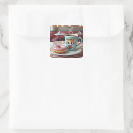 Schattigee donut en koffie bij Retro Diner Vierkante Sticker (Tas)