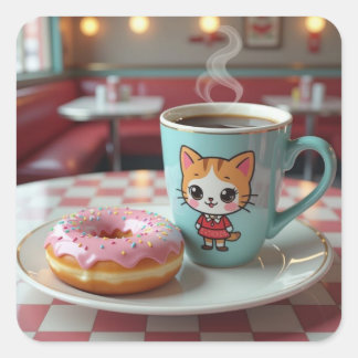 Schattigee donut en koffie bij Retro Diner Vierkante Sticker