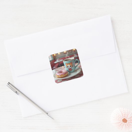 Schattigee donut en koffie bij Retro Diner Vierkante Sticker (Envelop)