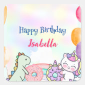 Schattigee Donuts Dino Eenhoorn Verjaardag Regenbo Vierkante Sticker (Voorkant)