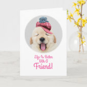 Schattigee donzige hond met een kat op zijn hoofd kaart (Gele Bloem)