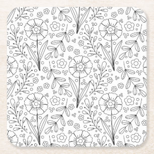 Schattigee doodle bloemen en bladeren, zwart en wi kartonnen onderzetters