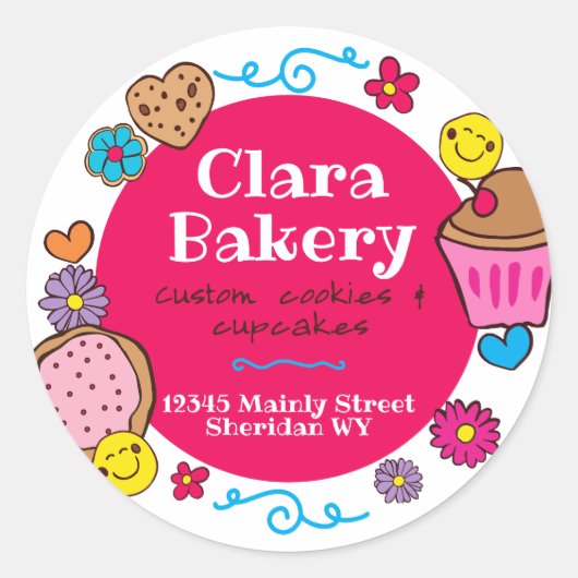 Schattigee doodle koekjes cupcake bakkerij ronde sticker (Voorkant)