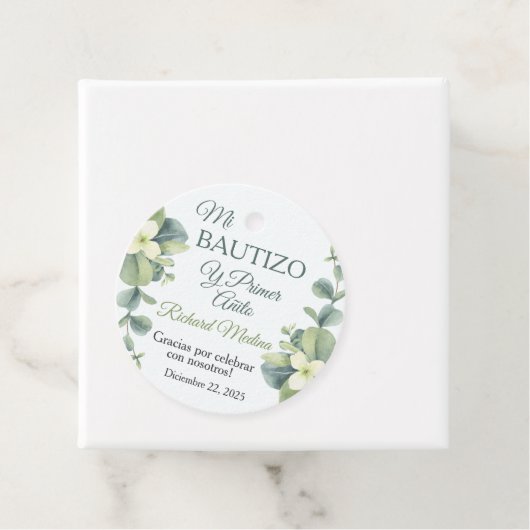 Schattigee doop en eerste verjaardag groene blader bedankjes labels (In situ)